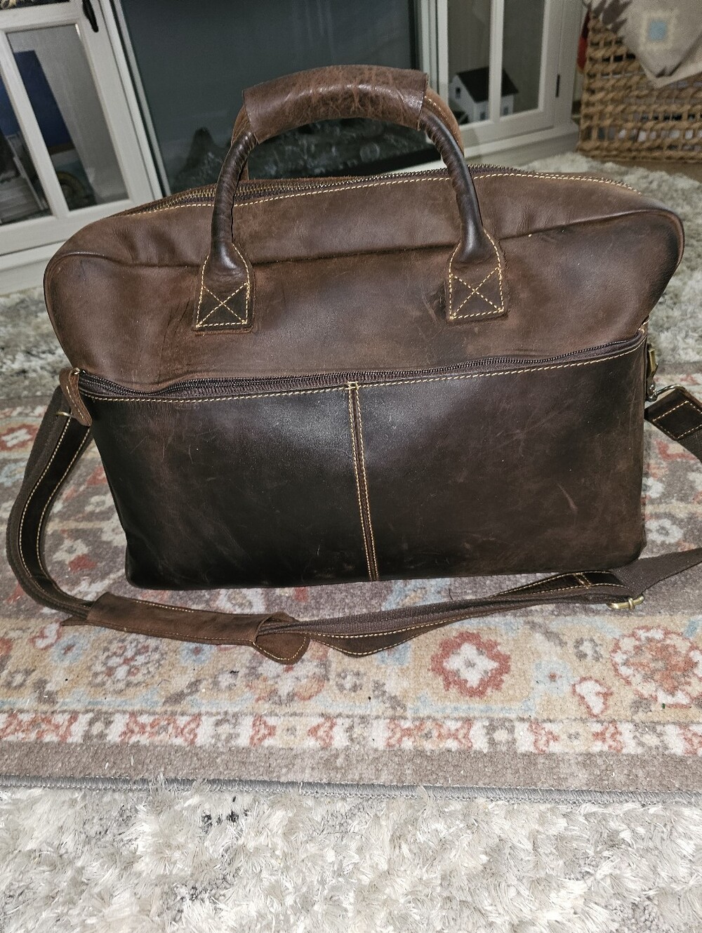 KATTEE Large Leather Brief Case/Satchel/Messenger Brown w/Shoulder Strap